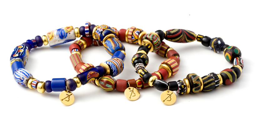 Mala bracelets crafted from antique African-Trade beads and 18k gold.